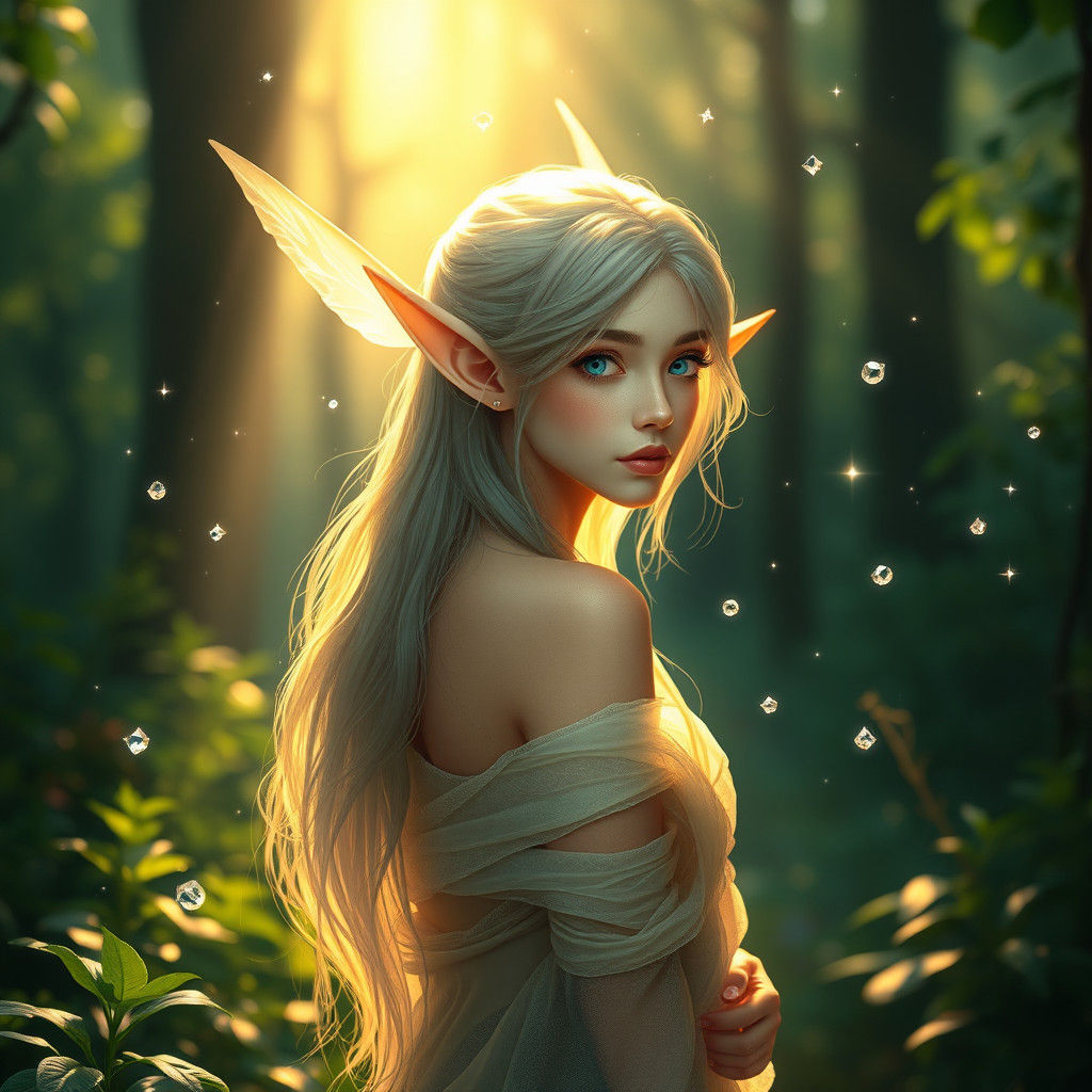 Ethereal Elf in Emerald Forest, Crystalline Art