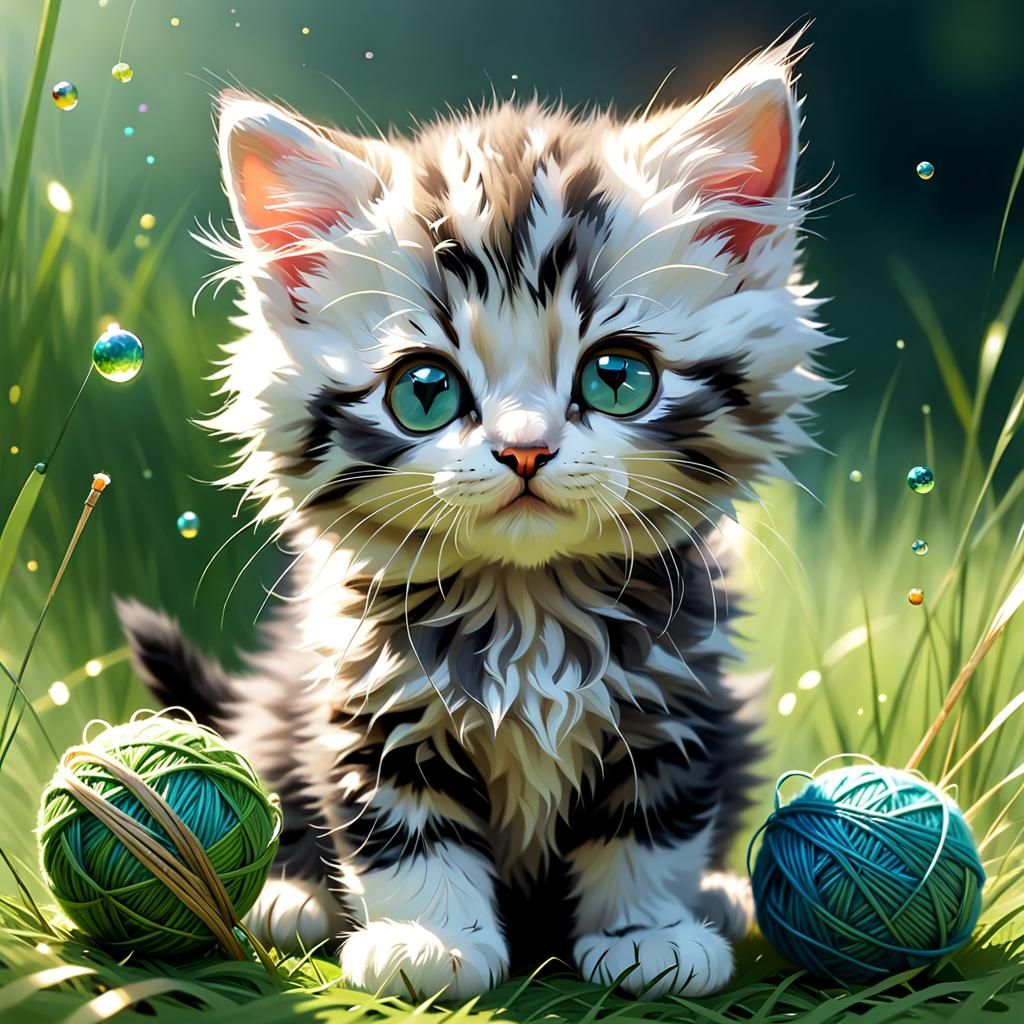 Cute Kitten with Yarn, Digital Art