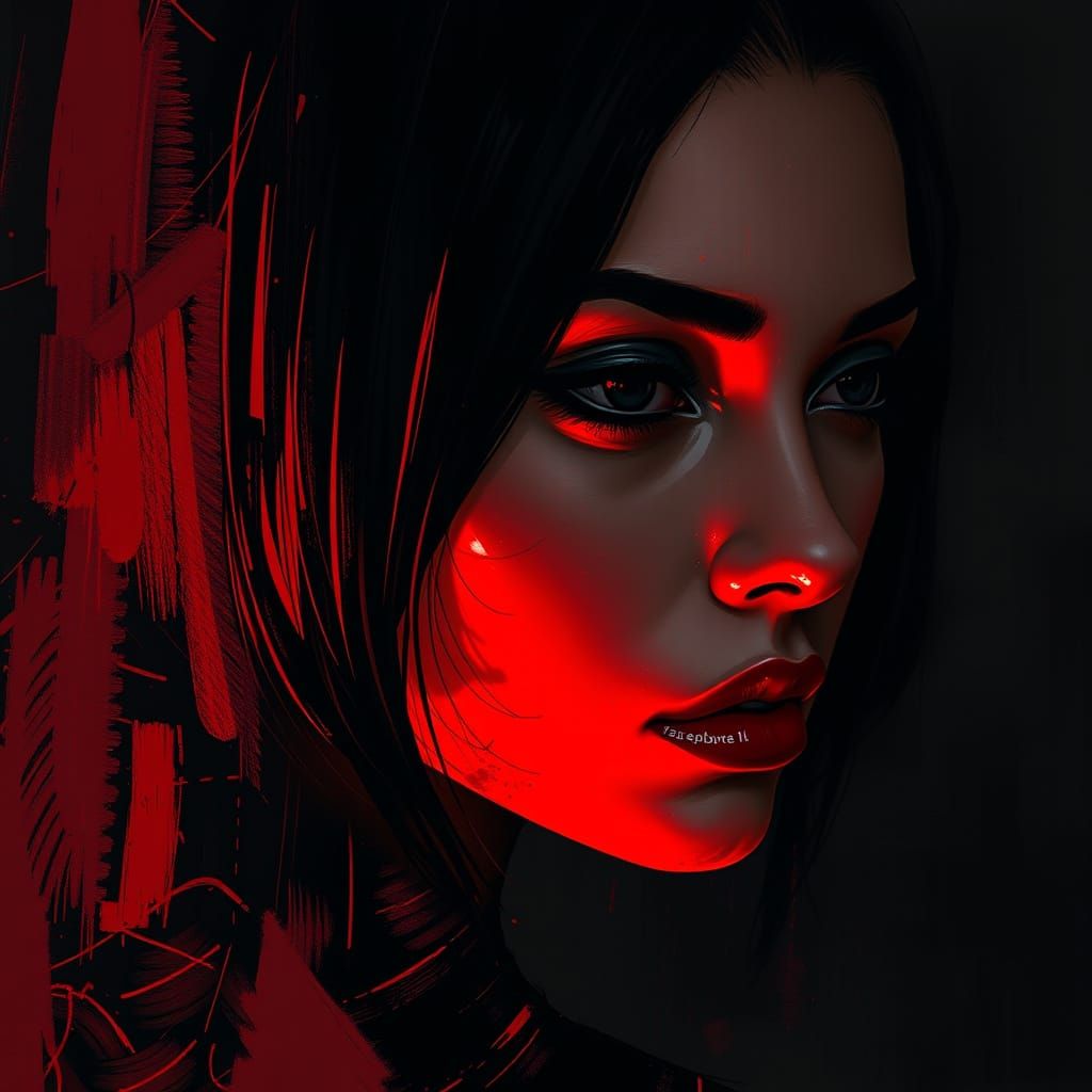 Futuristic Red and Black Portrait with Expressive Brushwork