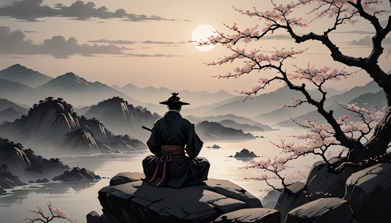 Samurai Meditating in Sumi-e Ink Wash Style