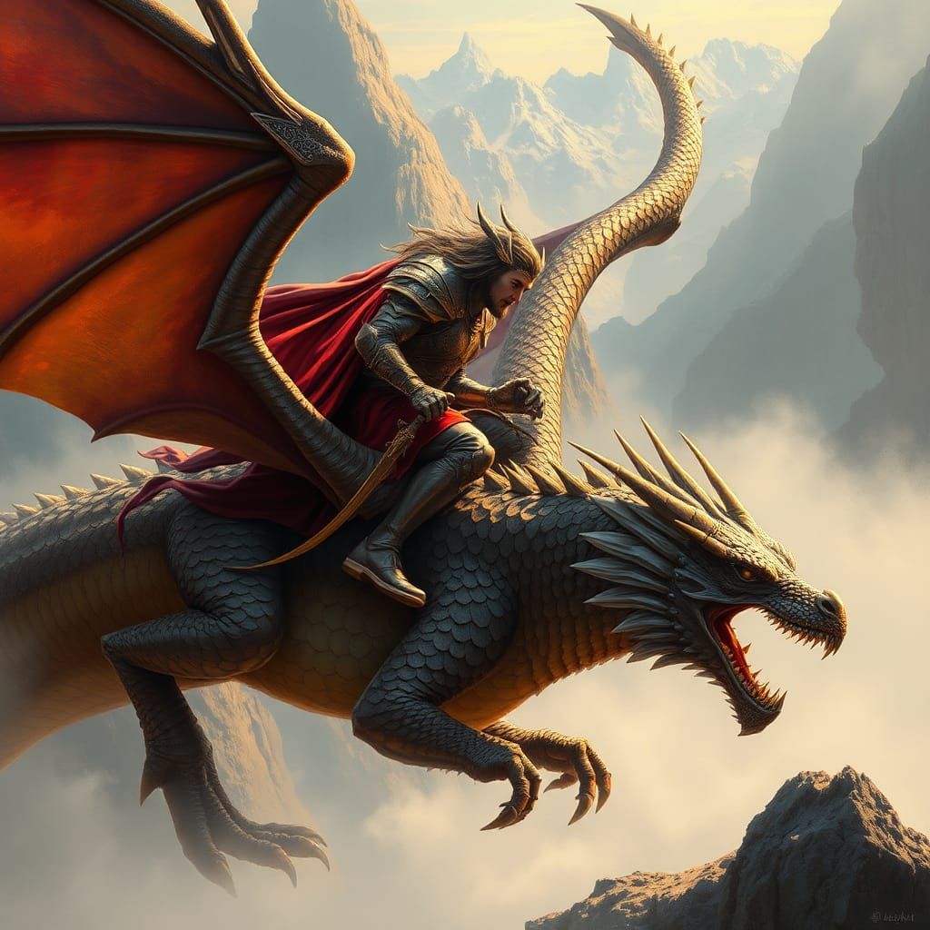 Dragonrider on Majestic Dragon in High-Fantasy Style