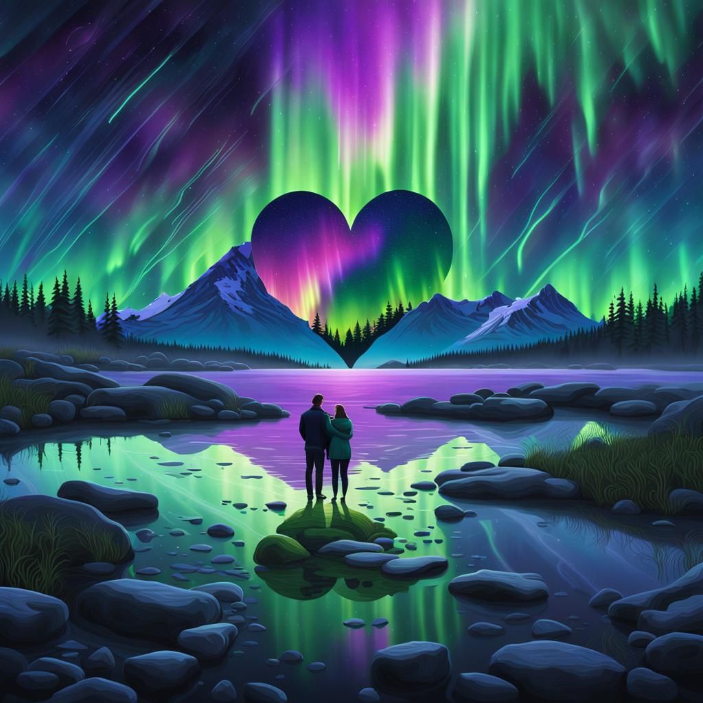 Aurora Borealis with Raining Hearts in Dreamscape