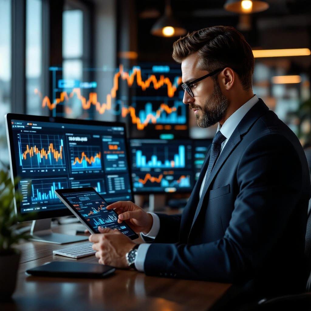 Investor Analyzes Real Estate Data in Modern Office