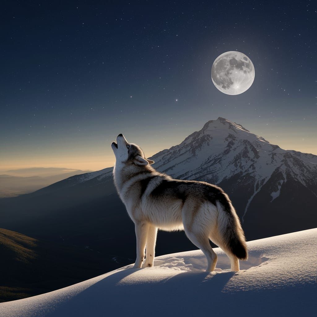 Lone Wolf Howling at Moon on Mountain