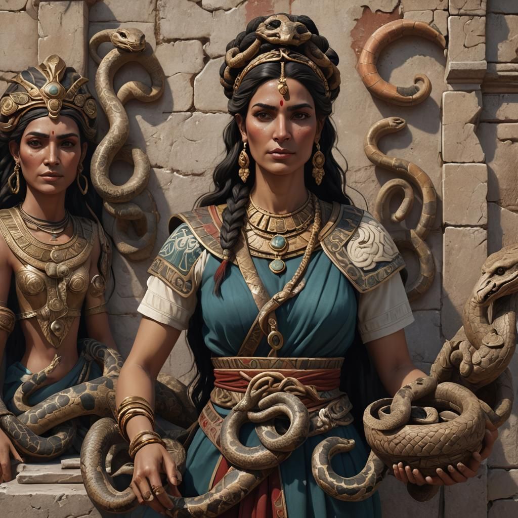 Minoan Woman Holding Snakes: Detailed Matte Painting