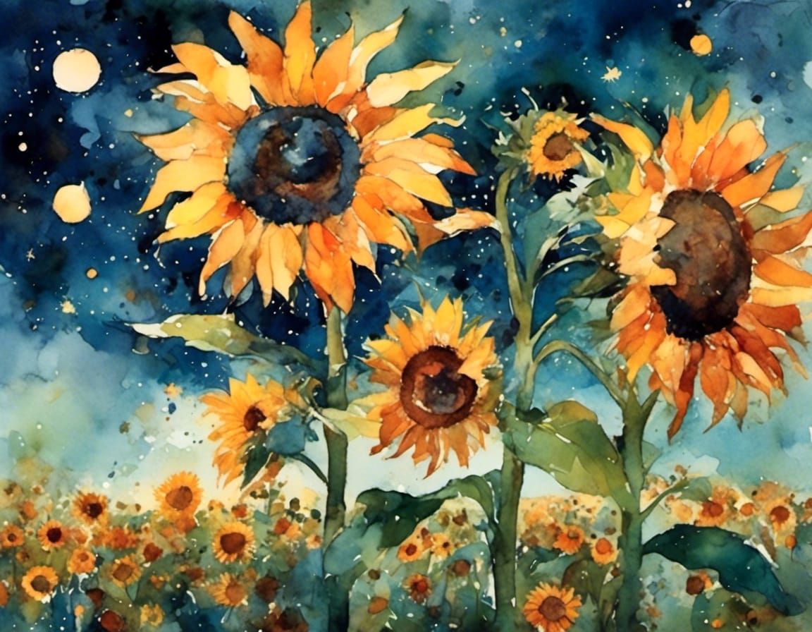 Sunflower Starry Night in Watercolor Style