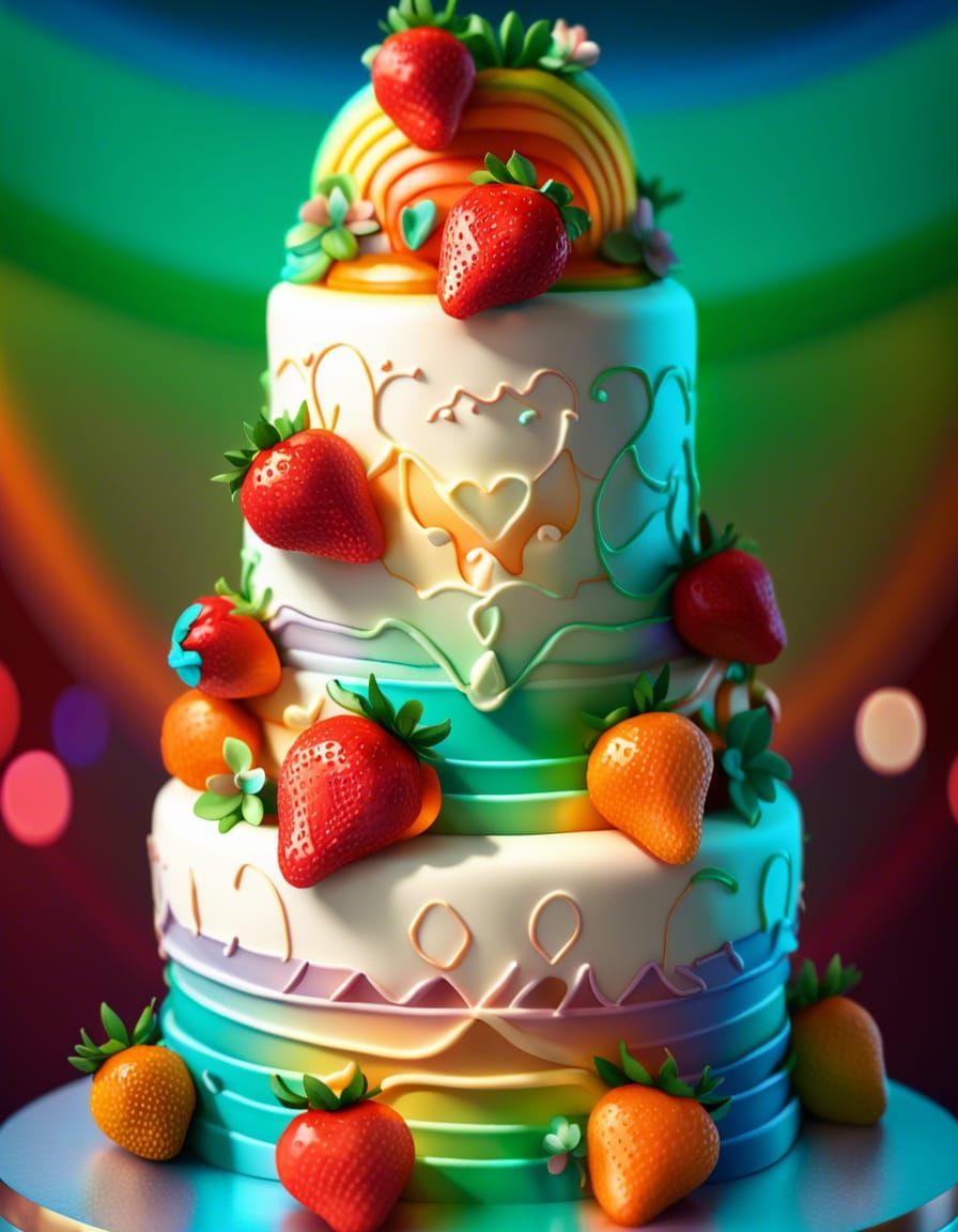 Rainbow Wedding Cake with Bride and Groom Dolls