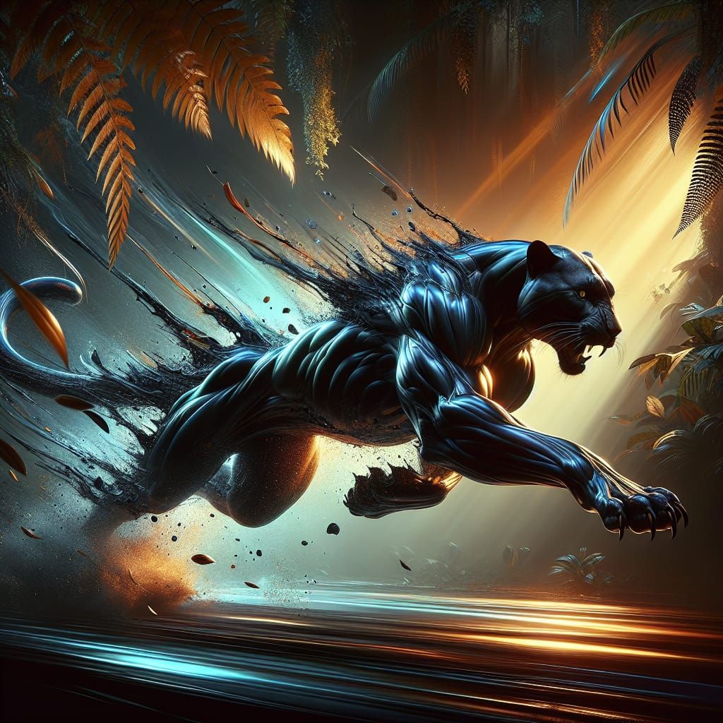 Muscular Panther Sprinting Through Jungle at Dusk
