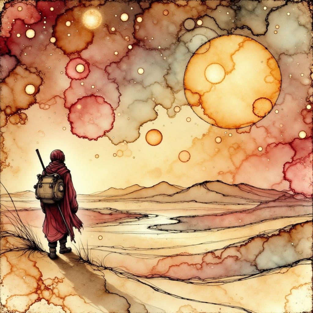 Sahara Desert Explorer at Dawn in Sepia Sketch