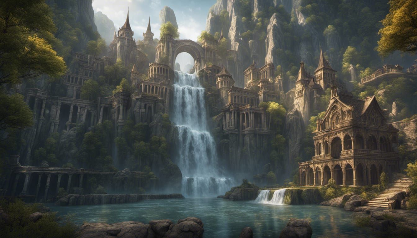 Waterfall Civilization in Detailed Matte Painting Style