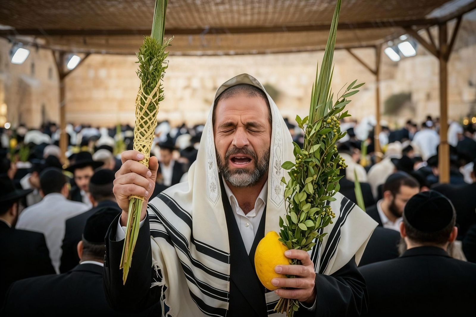 Devout Jewish Man Prays with Lulav and Etrog in Sukkah