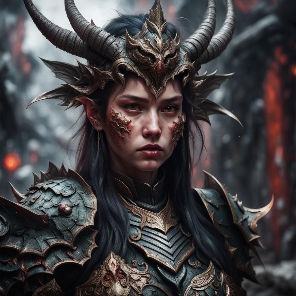 Fierce Armored Fairy Demon Portrait in Hyperrealistic Style