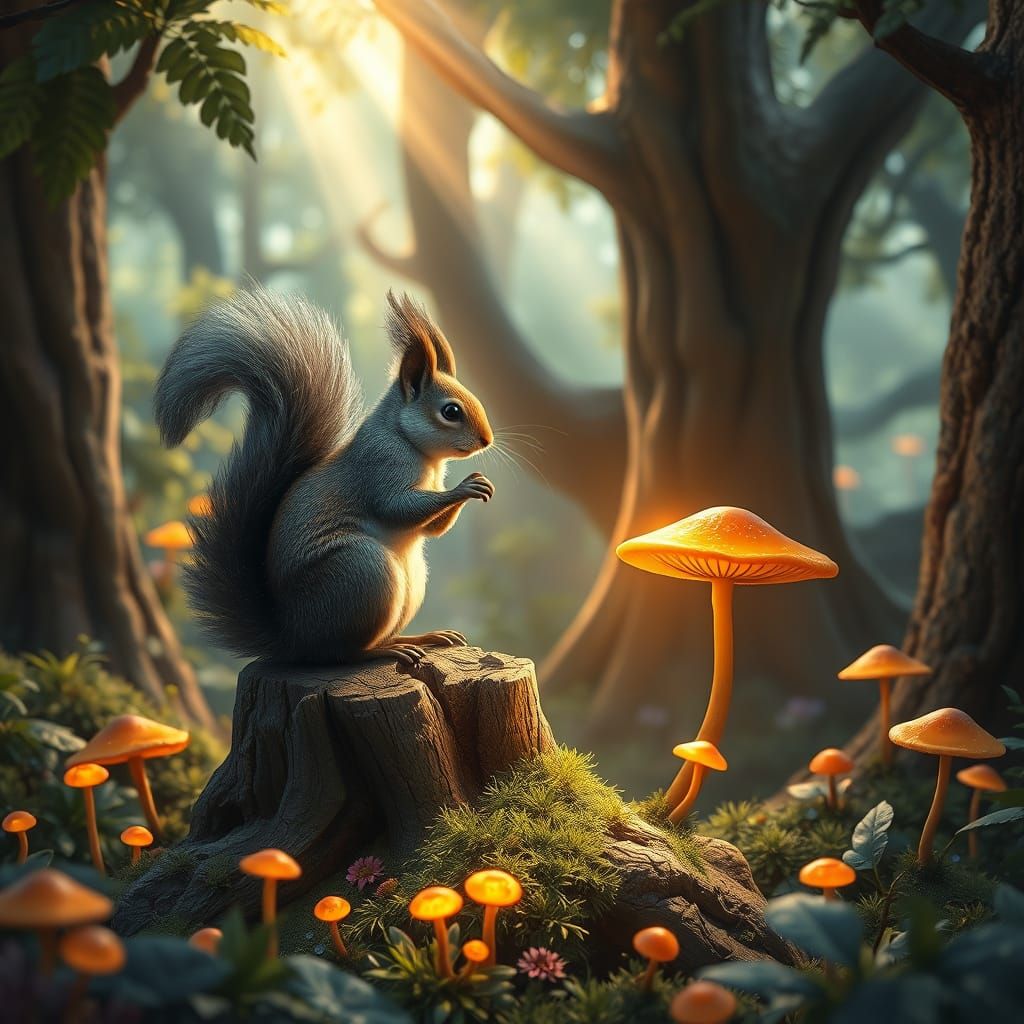 Whimsical Forest Scene with Squirrel and Futuristic AI Bot
