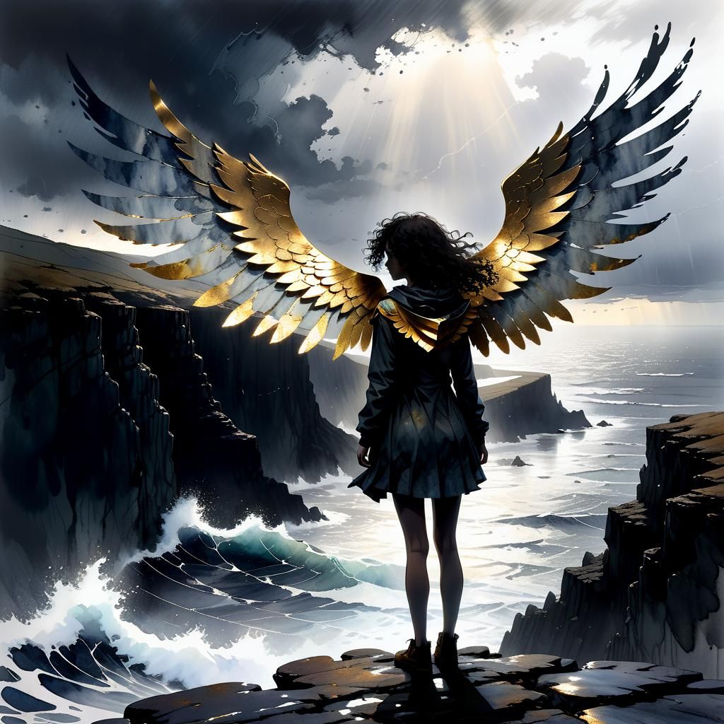 Golden-Winged Silhouette on Stormy Coast: Watercolor Illustr...