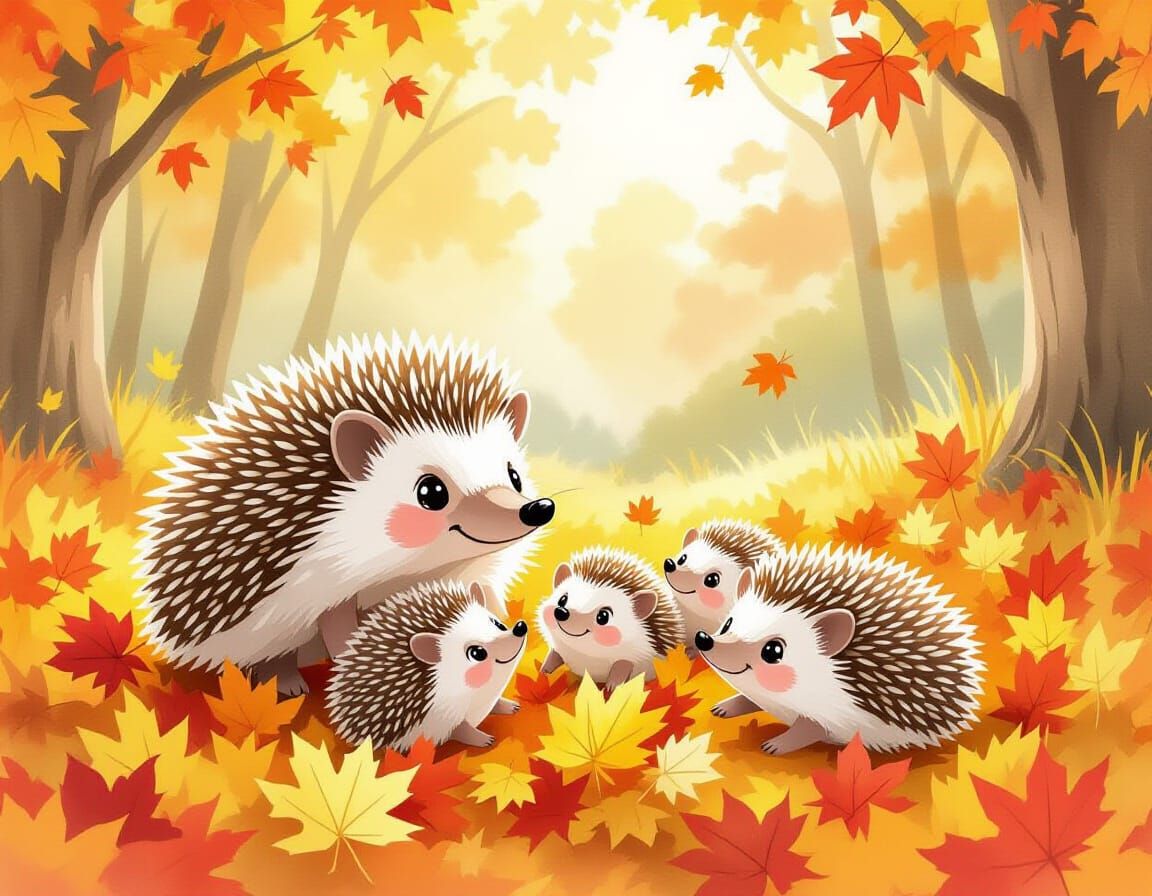 Whimsical Watercolor Hedgehog Family in Autumn Leaves