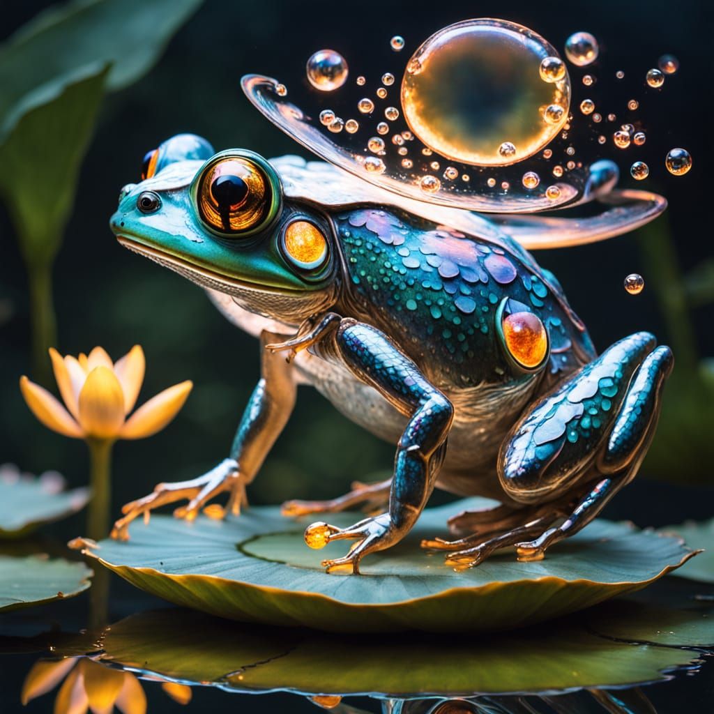 Surreal Sunset Scene with a Fantastical Pond Dweller