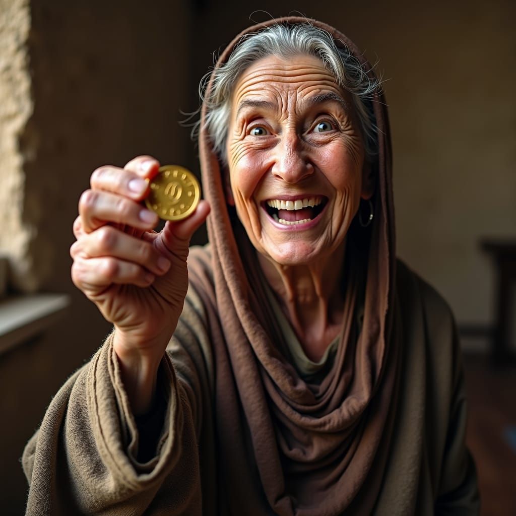 Joyful Woman Holding Gold Coin in Ancient Israel