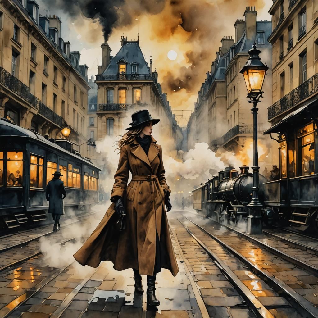 Girl Waving at Train in Steampunk Paris Ink