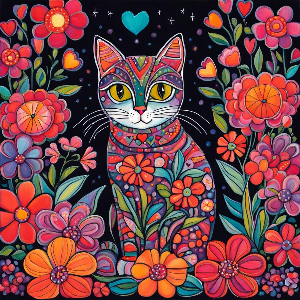 Cute Cat with Flowers in Folk Art Style