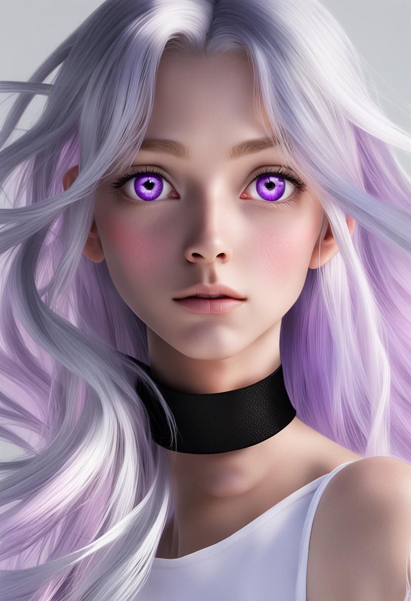 Anime Portrait of Silver-Haired Woman with Purple Eyes