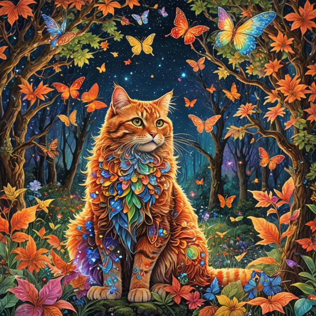 Glowing Cat and Fairy in Enchanted Forest