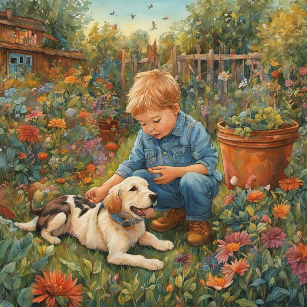 Toddler Siblings Playing with Dog, Art Brut Style