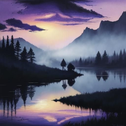 Guitarist Silhouette at Misty Lake Sunset