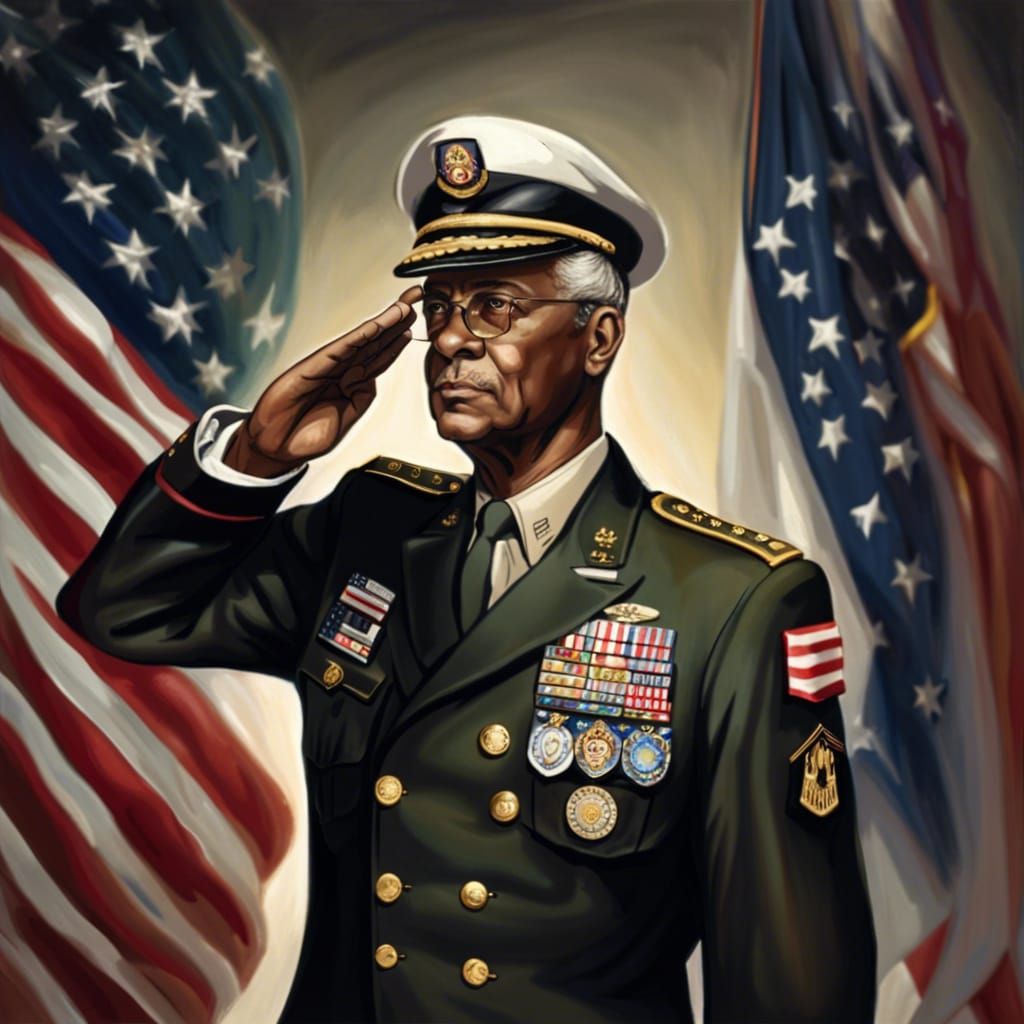 Hyperrealistic USA General Saluting the Flag