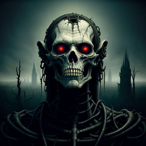 Ethereal Nightmare Figure in Decaying Cityscape