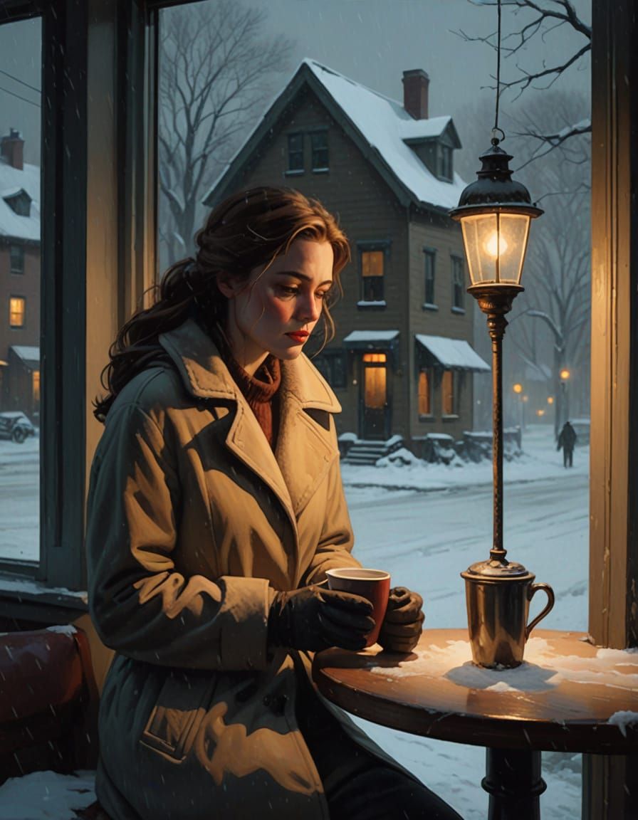 Sad Woman Drinks Coffee in Winter Oil Painting