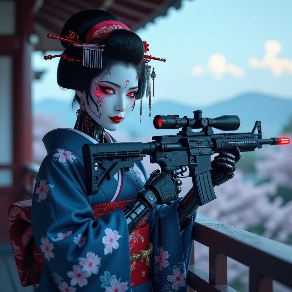 Cyberpunk Geisha Assassin with Sniper Rifle in Rainy Tokyo