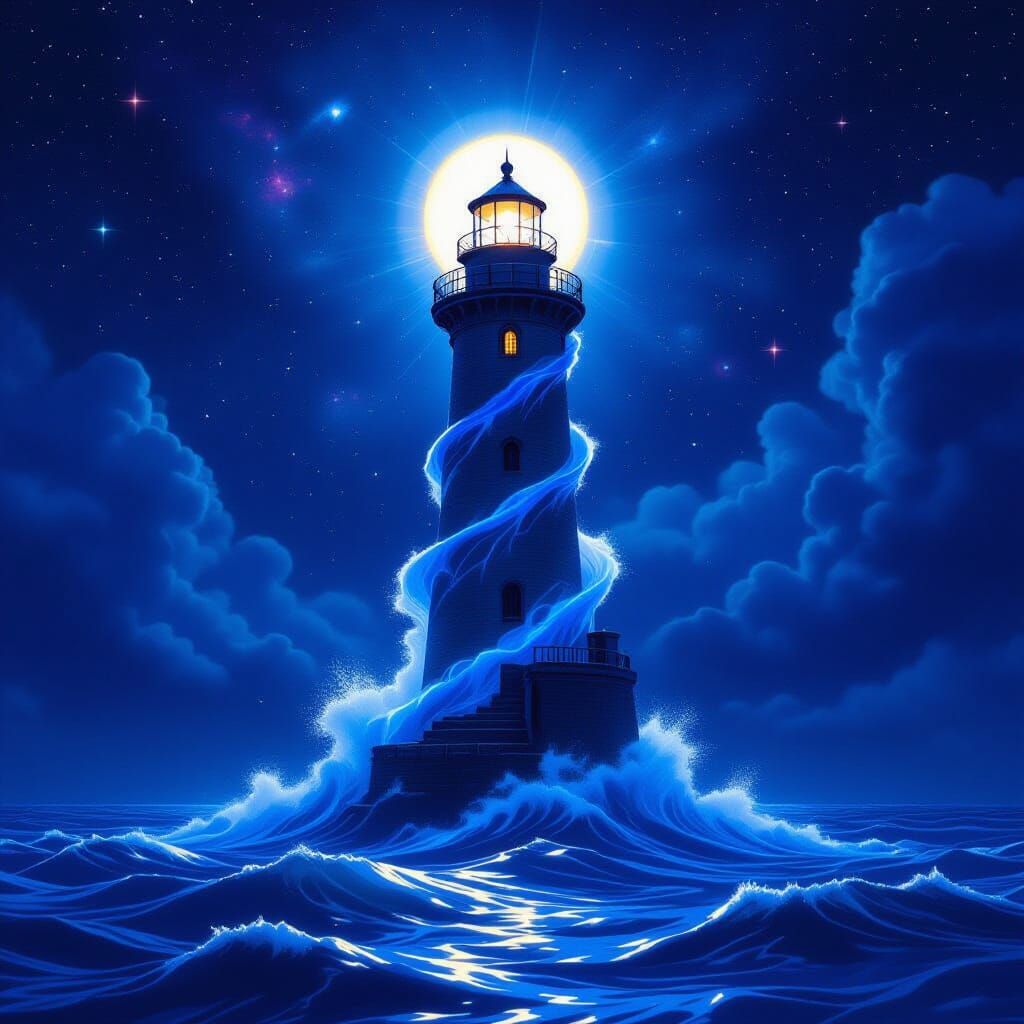 Iridescent Water Lighthouse Under Cosmic Skies