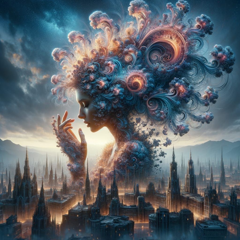 Fractal Woman Caressing the Sky in Double Exposure Style