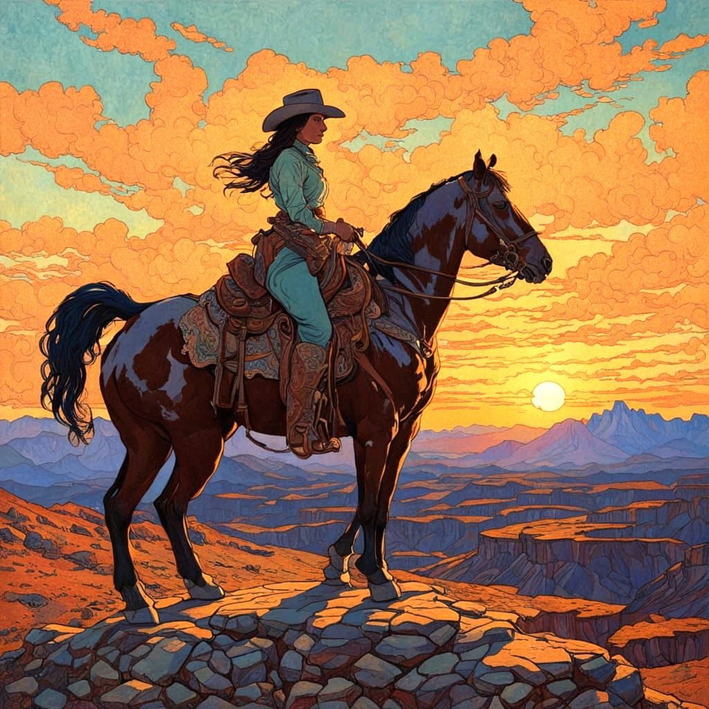 Cowgirl Riding Range at Sunset in a Vibrant Landscape