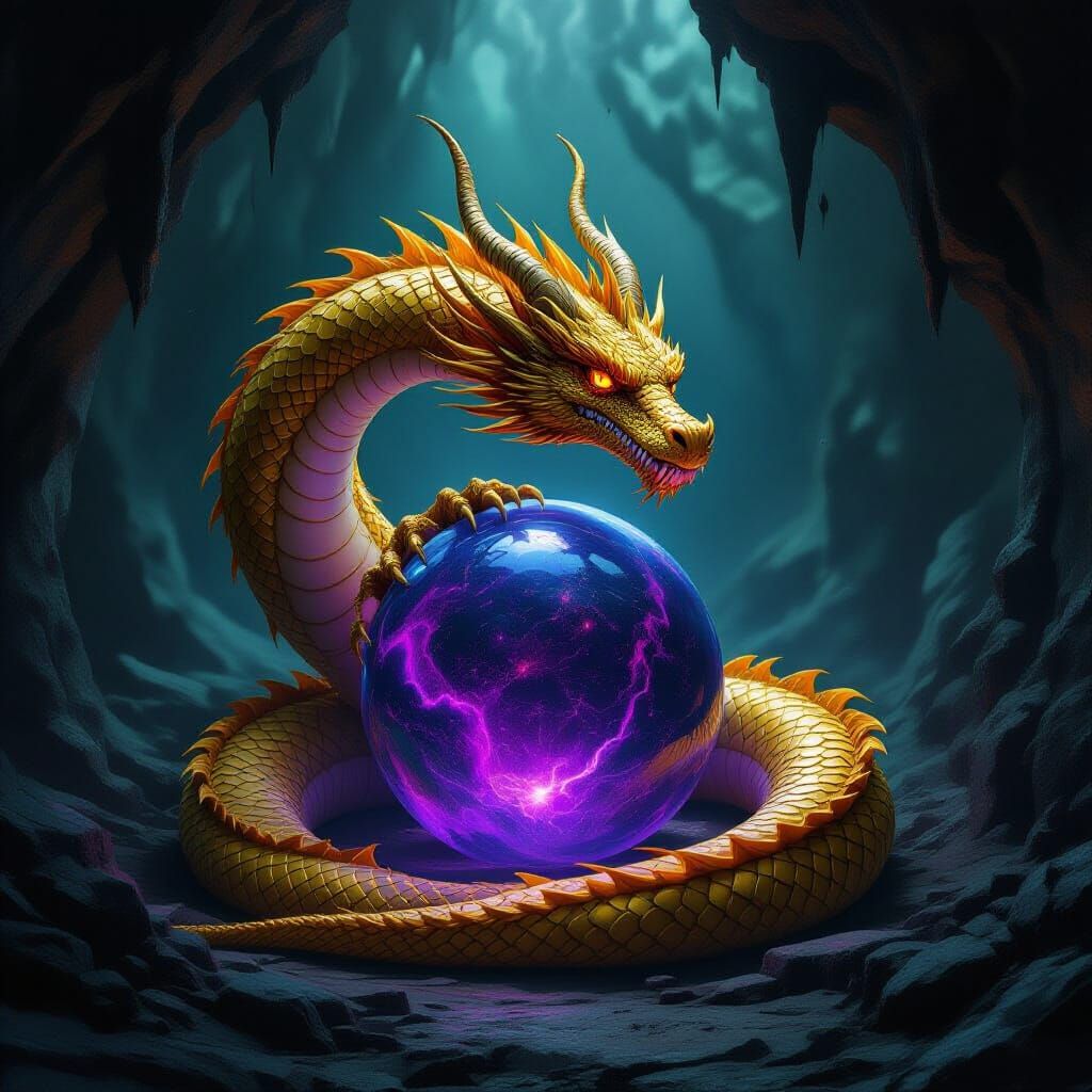 Gold Dragon Guards Misty Orb in Ancient Cavern