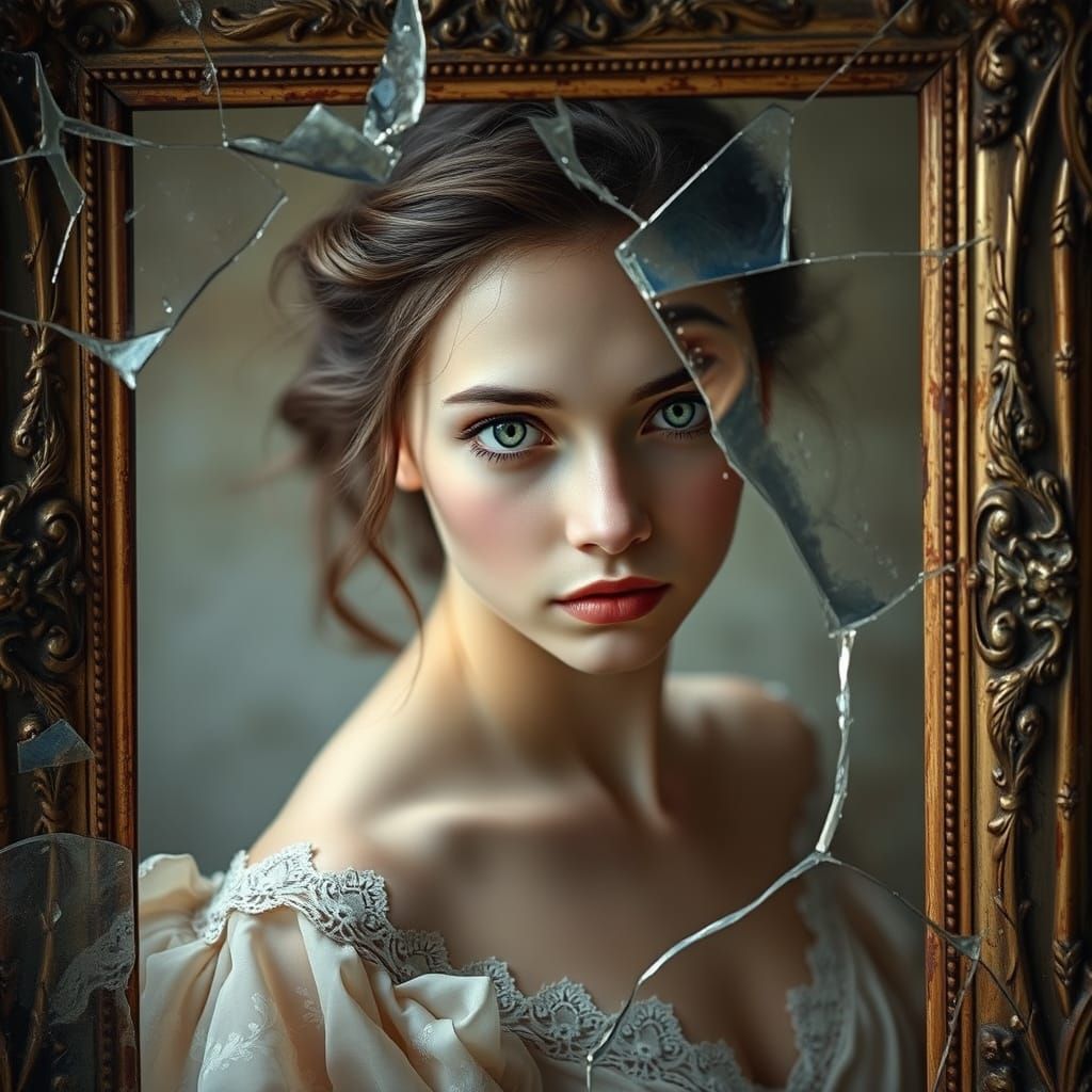 Woman Reflected in a Shattered Picture Frame
