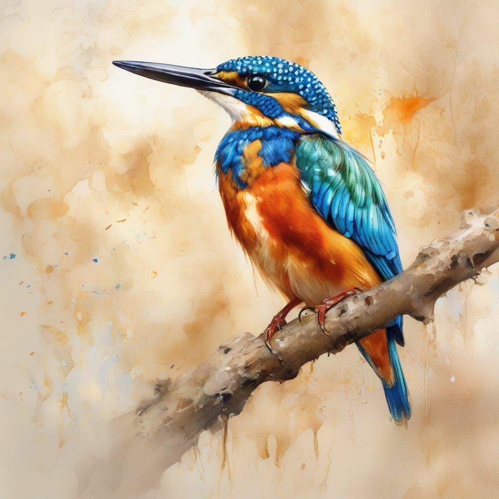 Kingfisher Perched on Branch in Watercolor Splash Art Style