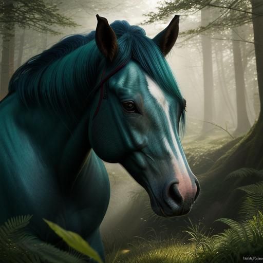 Majestic Horse in Vibrant Forest, Celtic-Inspired Portrait