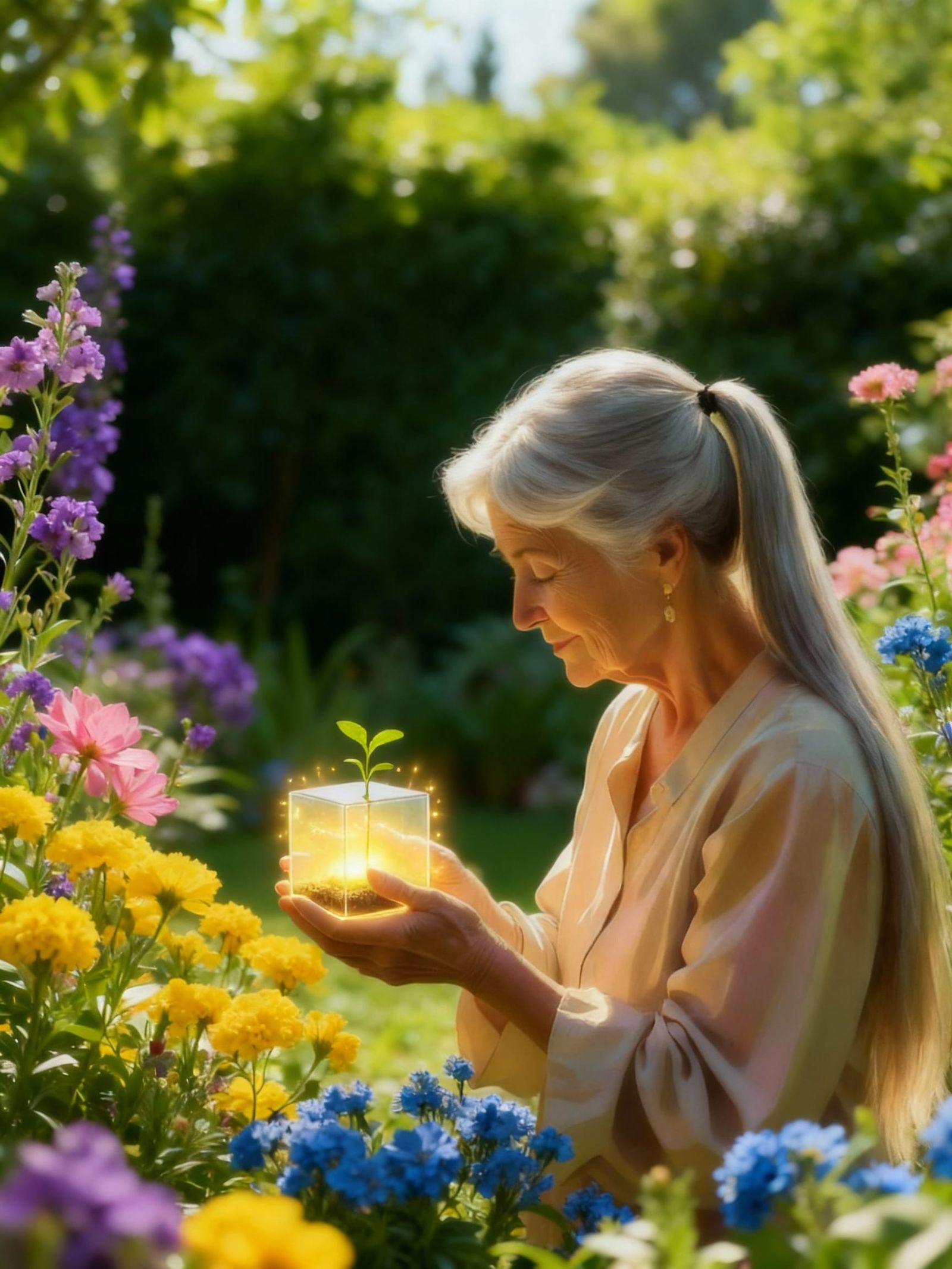 Elderly Woman Discovers Glowing Seedling in Lush Garden