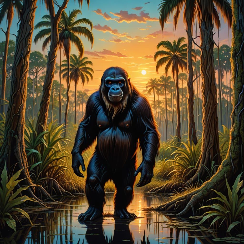 Skunk Ape in Everglades, Surreal Oil Painting