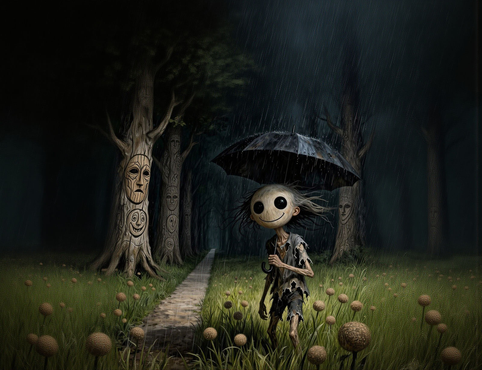 Whimsical Chaos: Emo Figure in Tenebrism Rainstorm
