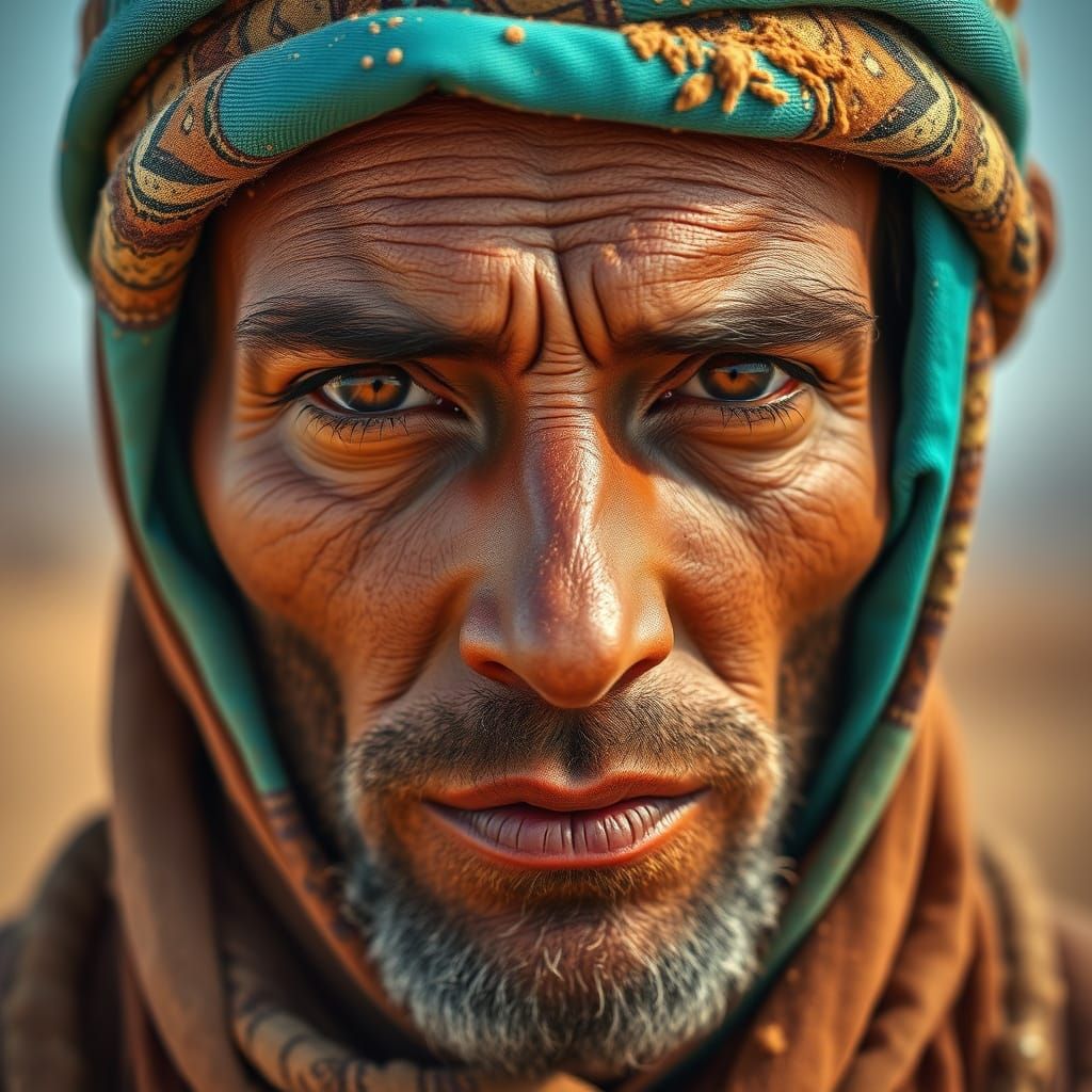 Weathered Desert Nomad in Turquoise Headscarf