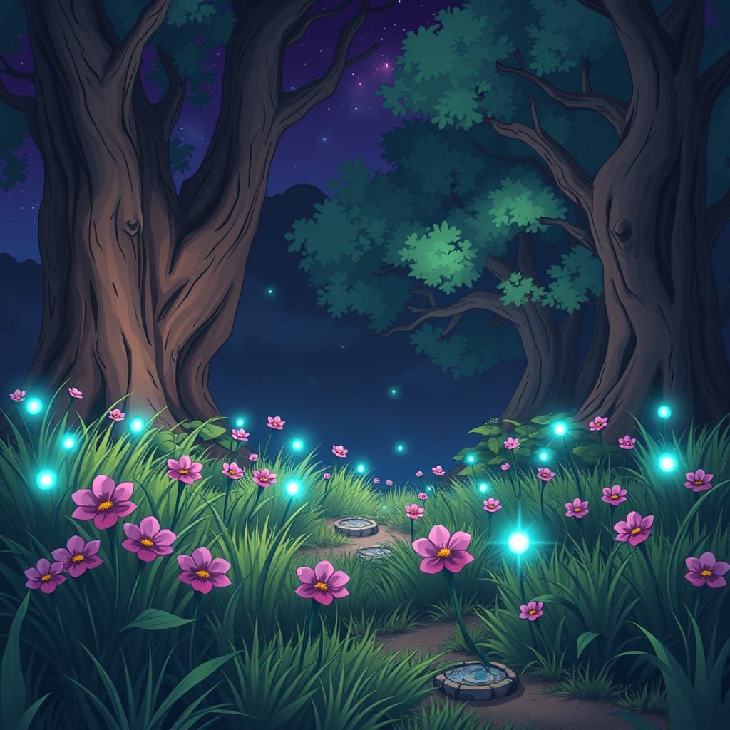 Whimsical Enchanted Garden in Anime Style at Night