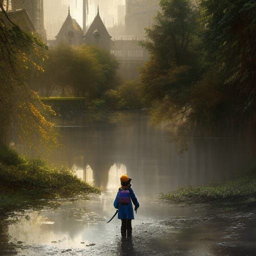 Child Playing in Puddle: Detailed Matte Painting