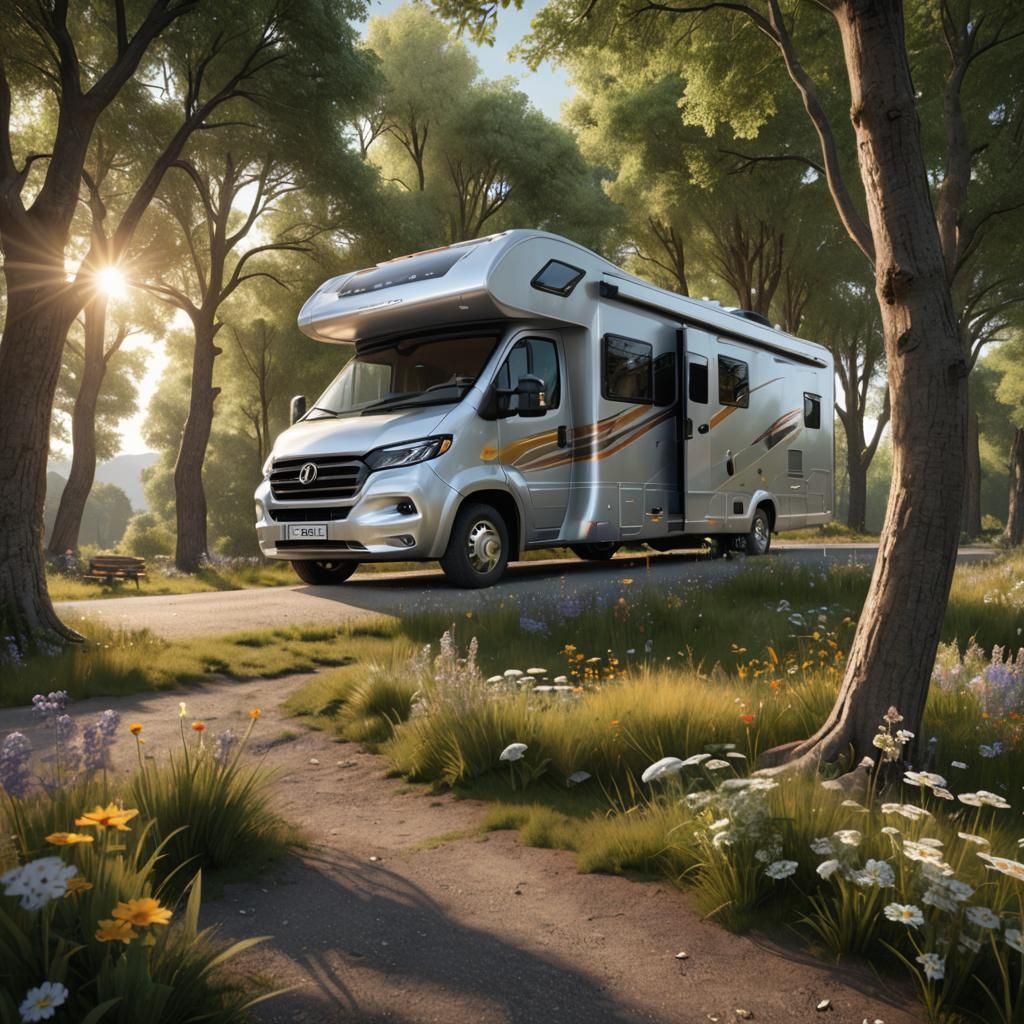 Silver Motorhome Parked at Picturesque Campsite