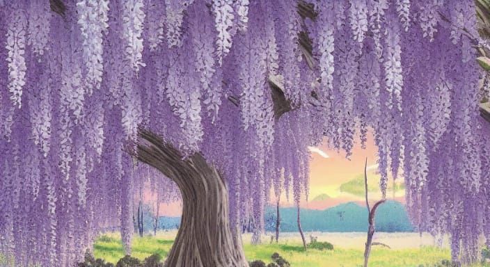 Ethereal Wisteria Blooms Under Pale Moonlight in Anime-Inspi...