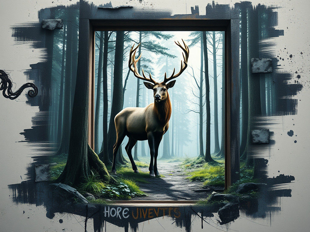 Hyperrealistic 3D Elk Doorway in Concrete Graffiti Art