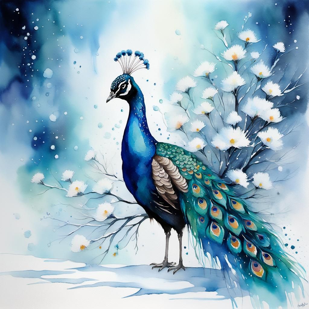 Atmospheric Watercolor Peacock in Snowy Landscape