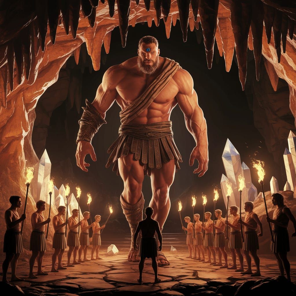 Cyclops Encounter in Cave: Digital Art