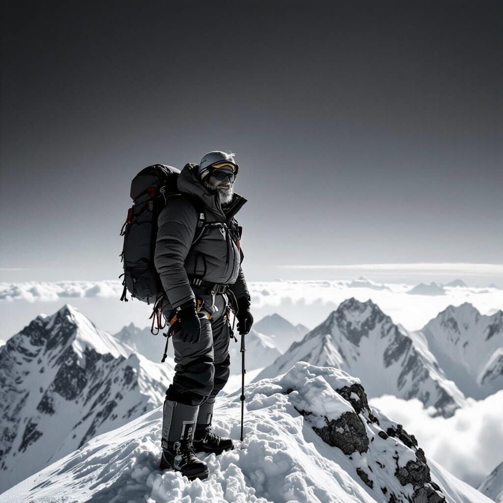 Man Triumphs on Everest Summit in Black and White